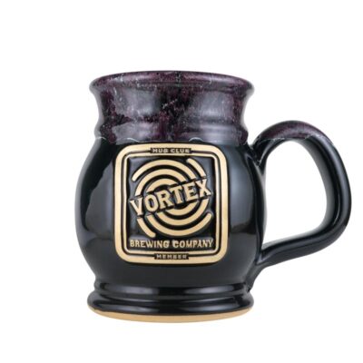 20 ounce Lodge style beer mug in a glossy black and purple rim glaze color combo