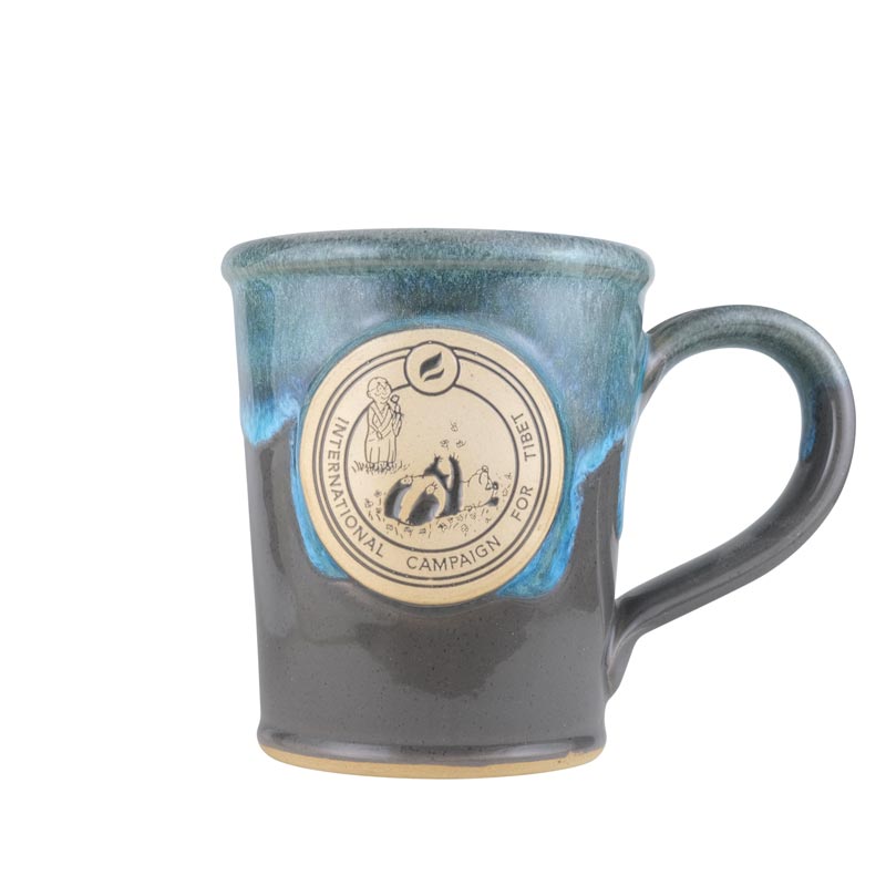 12 ounce americana style coffee mug in a peppercorn with dark turquoise glaze color