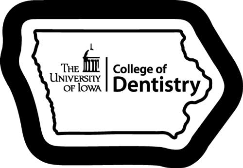 Black outline of the state of Iowa, with the text "The University of Iowa College of Dentistry."