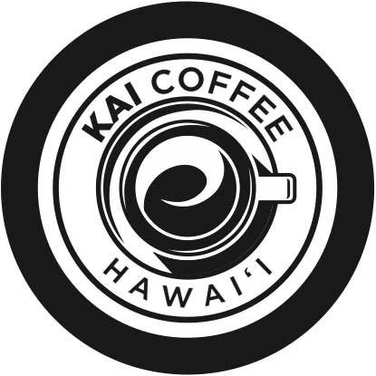 Text "Kai Coffee Hawai'i" with an overhead view of an illustration of a coffee mug.
