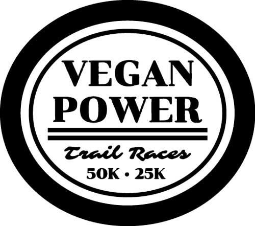 The text "Vegan Power", followed by two black lines, then the text "Trail Races 50k-25k" in black.