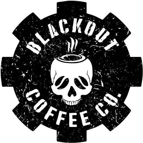 The text "blackout Coffee Co' with a drawing of skull in the middle.