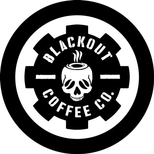 The text "blackout Coffee Co' with a drawing of skull in the middle.