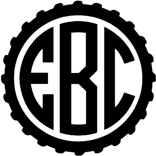 Black drawing of the characters "EBC" with a cog wheel shape around them.