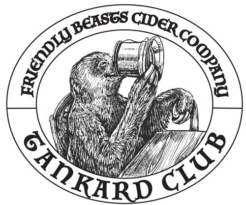 Text "Friendly Beasts Cider Company Tankard Club" with a drawing of a furry creating drink out of a beer stein.