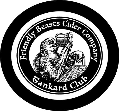 Text "Friendly Beasts Cider Company Tankard Club" with a drawing of a furry creating drink out of a beer stein.