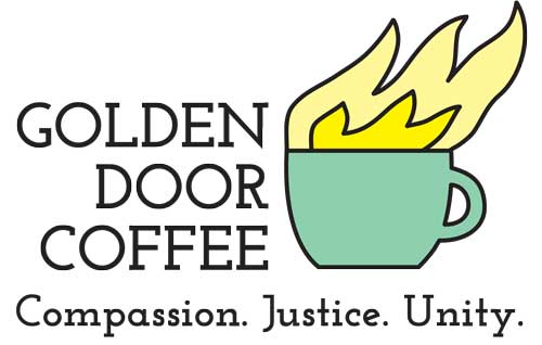 The text "Golden Door Coffee, Compassion. Justice, Unity" with a drawing of a coffee mug with fire coming out of the top. 