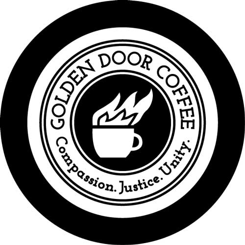 The text "Golden Door Coffee, Compassion. Justice, Unity" with a drawing of a coffee mug with fire coming out of the top. 