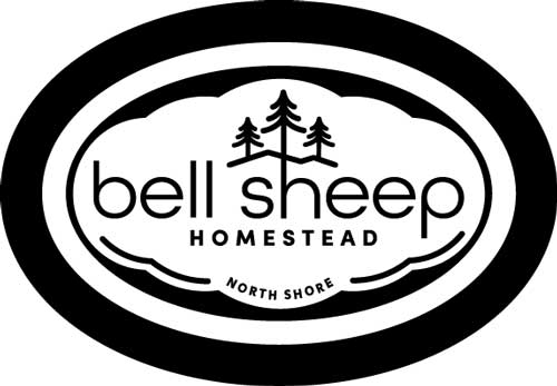 Text "bell sheep Homestead" with a group of illustrated pine trees at the top.