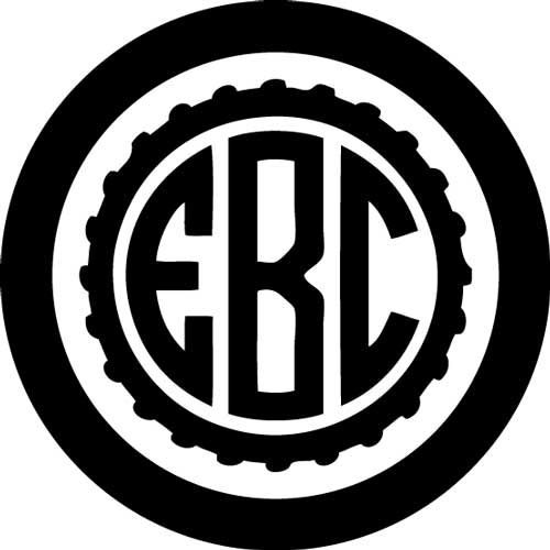 Black drawing of the characters "EBC" with a cog wheel shape around them.