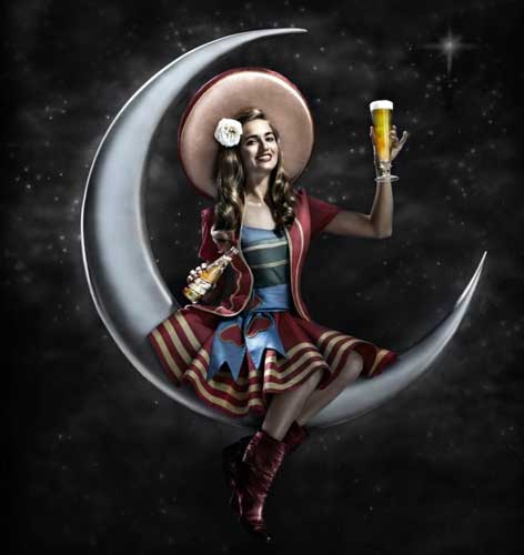 Illustration of a woman sitting on a crescent moon shape holding a beer glass.