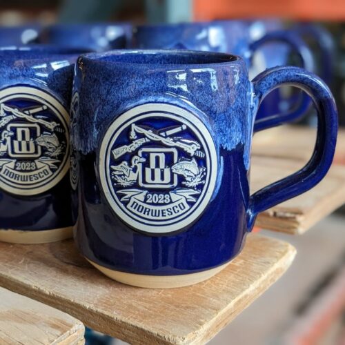 blue custom coffee mug with logo