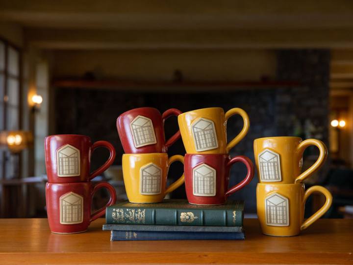 Group of eight red and yellow coffee mugs sitting on top of a stack of books on a wood table.