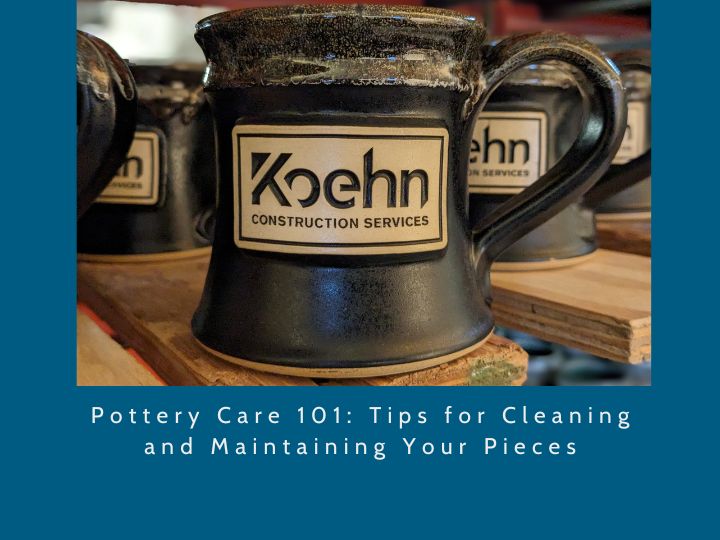 black coffee mug with logo on a wood plank with the text 'pottery care 101: tips for cleaning and maintaining your pieces' on a blue background