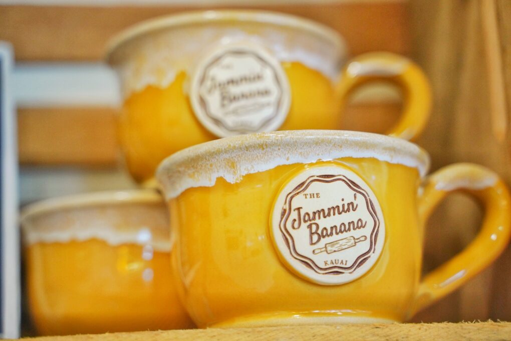 yellow soup mugs with a log for jammin banana bakery in hawaii