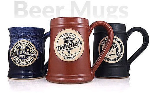 group of three custom logo mugs for beer with the text 'beer mugs' in the background