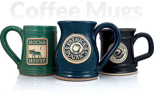 group of three custom logo mugs for coffee with the text 'coffee mugs' in the background